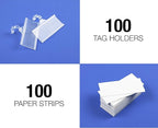 Pack of 100 - Plastic Wire Shelf Label Holder, Sign and Ticket Holder, Easy Clip Design with Tight Snap Lock Closure. Height, 1-1/4" X Width, 3" | "100 Label Inserts Included"