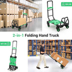 2-in-1 Folding Hand Truck with Folding Basket, Collapsible Hand Truck Dolly with Retractable Handle & 4 Wheels, 330 LB Capacity Portable Dolly Cart for Moving, Shopping, Green