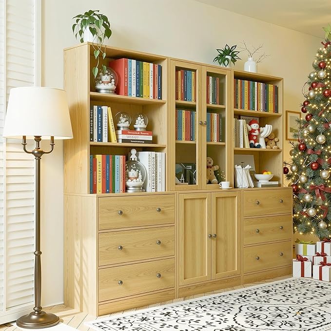 TUSY 71" H Bookshelf Bookcase with Doors, 3-Tier Modern Bookshelves with 3 Large Drawer, Display Bookcase with Glass Doors, Modern 5-Tier Curio Cabinet for Home Office, Dining Room (Wood, ABA)