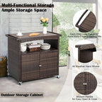 Outdoor Storage Cabinet,Outdoor Cabinet for Patio Bar Cart with Rolling Wheels Patio Bar Table with Storage Wicker Buffet Cabinets prep Table Kitchen Serving Cart with Door,Shelves,Handle Brown
