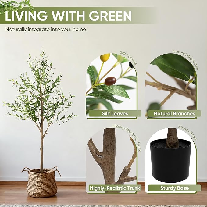 Artificial Olive Tree 5FT, Tall Faux Olive Trees for Indoor Outdoor, Realistic Potted Plant Natural Wood Trunk, Leaves and Fruits for Home Office Decor (1, 5FT)