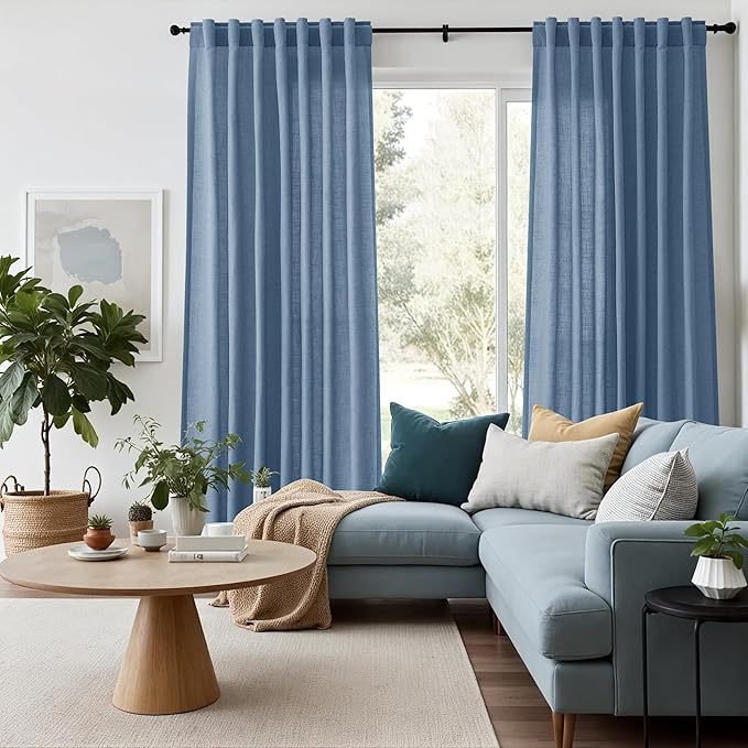 Nanspring Stone Blue Linen Curtains 84 Inches Long for Living Room Back Tab Luxury Light Filtering Privacy Semi Sheer Curtain Modern Farmhouse Boho Drapes for Bedroom Office 2 Panels Set 52x84