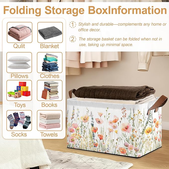 32L Large Storage Bins with Handles, Basket Organizer for Shelves, Closet, Books, Laundry & Home Decor (Flower Cluster)