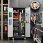 Garage Storage Cabinet with Wheels, Broom Closet Storage Cabinet with Pegboards and Adjustable Shelves, Metal Tool Cabinet with Lockable Door for Garage Home, Black and White