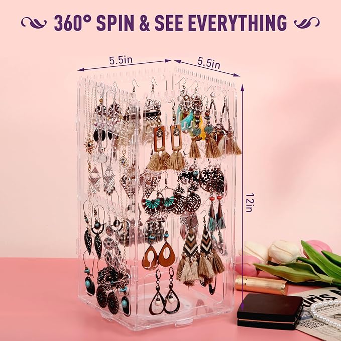 360° Rotating Jewelry Organizer Stand with 5 Layers,Acrylic Earring Holder Organizer Stand,228 Holes and 232 Grooves for Studs,Dangly Earrings,Chains,Bracelets,Necklace