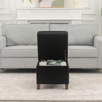 Adeco 17.5" Square Fabric Ottoman with Storage - Upholstered Cotton Linen Foot Rest - Flip Top Footstool with Sturdy Wood Legs, Small Cube Coffee Table Extra Seat for Living Room, Bedroom, Black