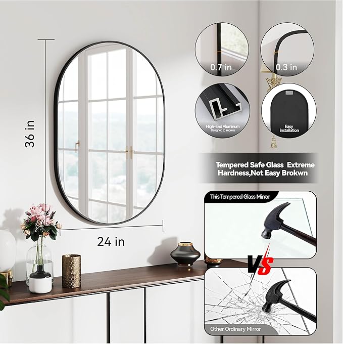 36x24 Mirror Runway Oval Wall Mounted Aluminum Alloy Metal Frame Rectangle Mirrors for Entryway Bedroom Bathroom Living Room 36 24 inch Black