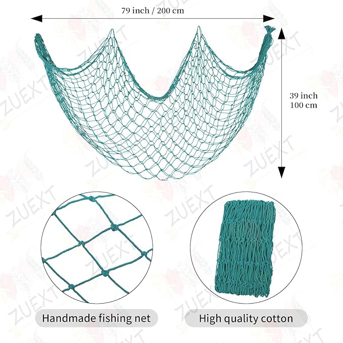 ZUEXT Aqua Decorative Fishing Net 80x40 Inch, Large Picture Fish Net, Wall Photo Hanging Fishnet for Nautical Mermaid Pirate Ocean Themed Hawaii Beach Under the Sea Party Decorations