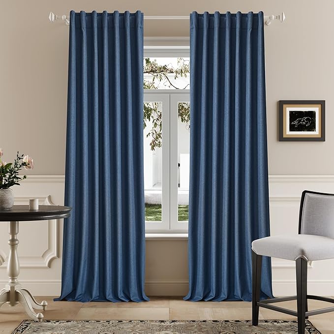 DUALIFE Blackout 96 Inches Long Blue Curtains 2 Panel Set, Farmhouse Curtains for Living Room Darkening Thermal/Noise Reduction Textured Flax Linen Drape 8ft Rod Pocket&Back Tab 72W x 96L