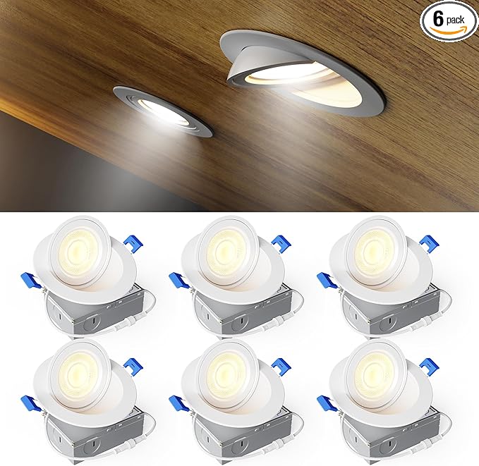 Ensenior 6 Pack 4 inch 5CCT LED Gimbal Led Recessed Light with Junction Box, 360°+90° Adjustable Directional Eyeball Lighting, Dimmable, 2700K/3000K/3500K/4000K/5000K, 900LM, 9W=85W, 120V-ETL&FCC