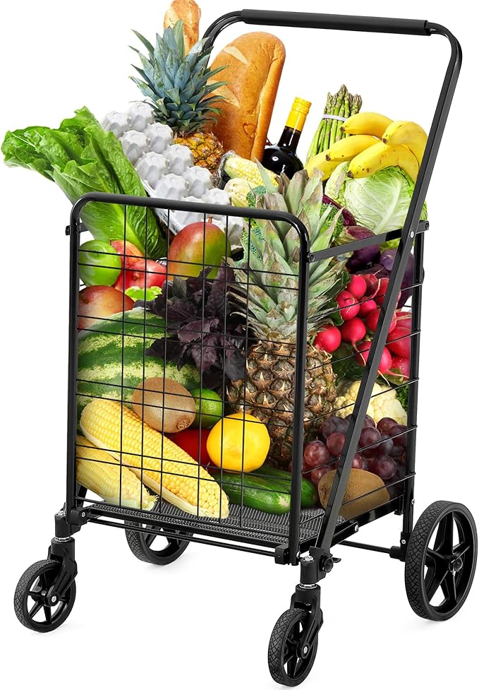YITAHOME Utility Foldable Shopping Cart with Wheels, Large Reinforced Mesh Bottom, Portable Collapsible Rolling Cart for Laundry, Grocery, Luggage, Storage and Seniors, 220 lbs Capacity, Black