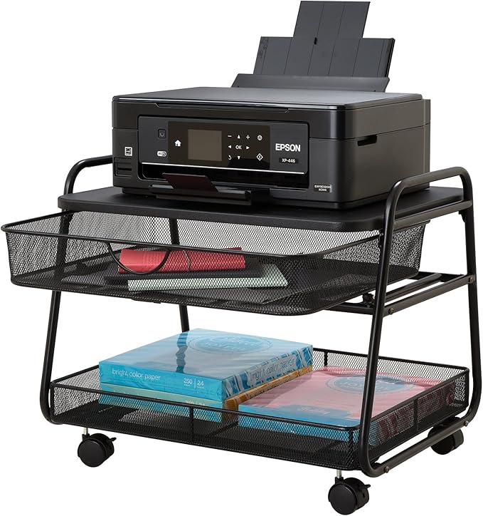 Safco 5208BL Onyx Under-Desk Rolling Machine Stand, Black, 21"W x 16"D x 17.5"H for Printer and Fax Machines With Basket and Drawer Storage. Perfect for Home, Office and Classrooms