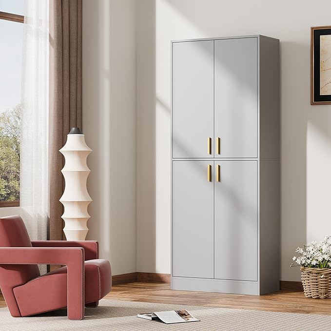 Cozy Castle Kitchen Pantry Cabinet, 71" Tall Wood Storage Cabinet with Doors and Shelves 4 Doors Freestanding Cupboard for Dining Room Living Room Bathroom Furniture, Gray