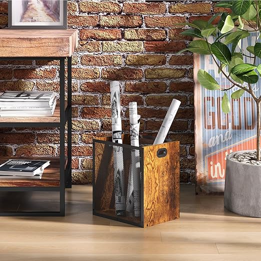 Retro Office Trash Can, Iron and Wood Combination Bedroom Garbage Can, Rectangular Design Wastebasket with Handle, Industrial Style Trash Can for Home Office, 4.5 Gallon (Patent Pending)
