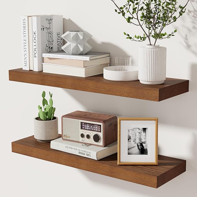 fuqing 24 Inch Floating Shelves Set of 2, Rustic Solid Wood Wall Mounted Shelves for Decor & Storage, Dark Walnut Shelves for Bedroom Kitchen Living Room - Dark Walnut