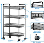 OVICAR 4 Tier Mesh Wire Rolling Cart, Kitchen Storage Organizer Utility Cart, Full Metal Basket Storage Art Trolley Carts with Wheels & 4 Side Hooks