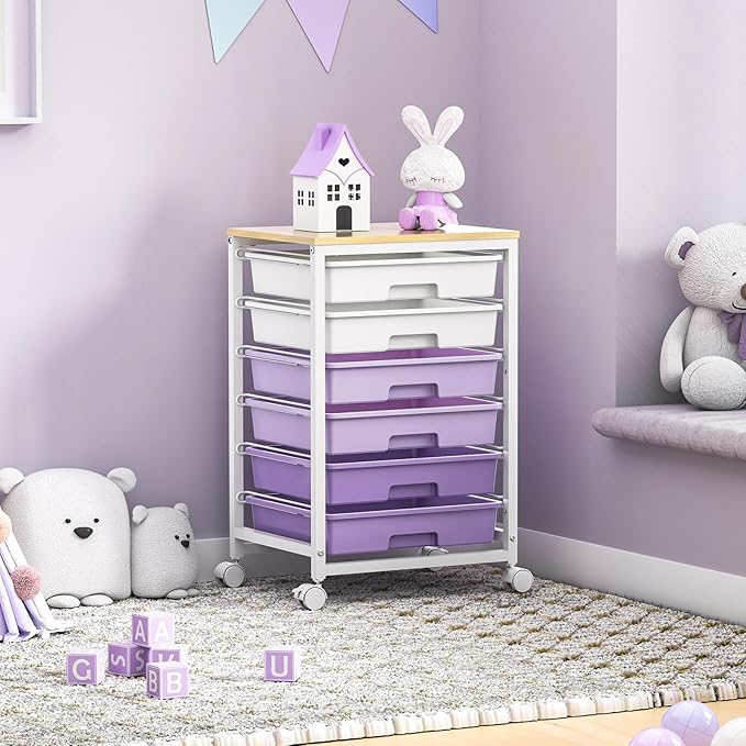 Rolling Cart with Drawers,Utility Cart with 6 Drawers,Rolling Storage Cart with Drawers and Wooden Tabletop & Lockable Wheel,Purple