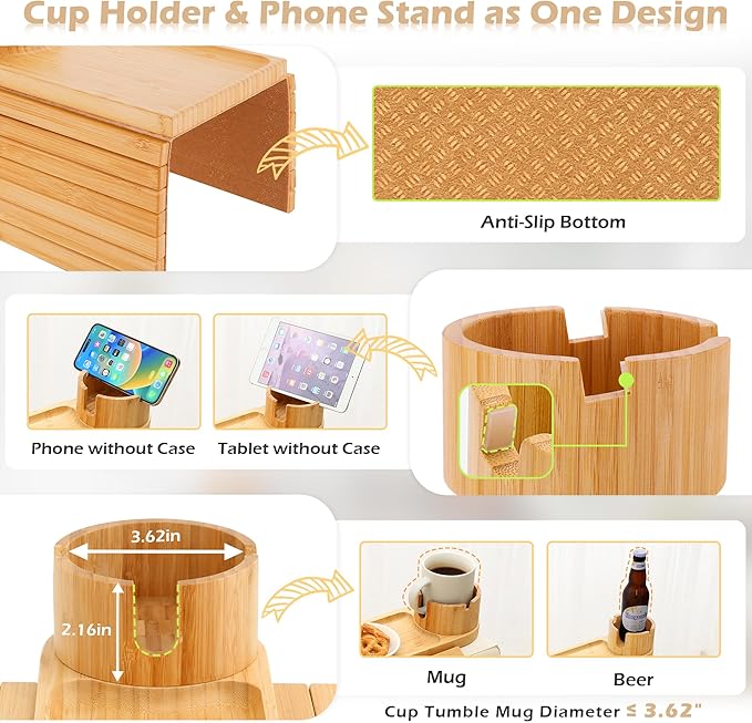 Couch Cup Holder Tray, 15.75" Bamboo Cup Holder for Couch, 3 in 1 Foldable Arm Chair Clip on Side Tray Table for Remote Snack Table on Armrest