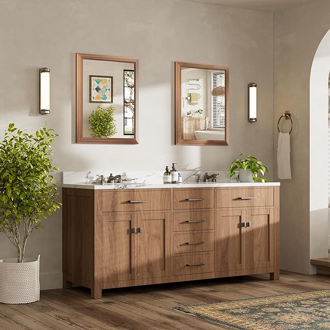 24x30 Inch Bathroom Mirror for Wall, Anti-Rust Walnut Wood Grain Metal Framed Bathroom Mirrors for Over Sink,Rectangler Mirrors for Bathroom Vanity, Farmhouse, Bedroom, Living Room, Entryway Decor
