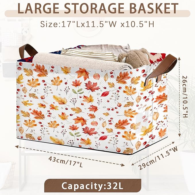 Colored Maple Berries Storage Basket Large 17x11.5x10.5 Inches - Collapsible Fabric Organizer Bin with Handles for Nursery,Laundry,Closet - Foldable Decorative Hamper with Floral Pattern - Single Pack