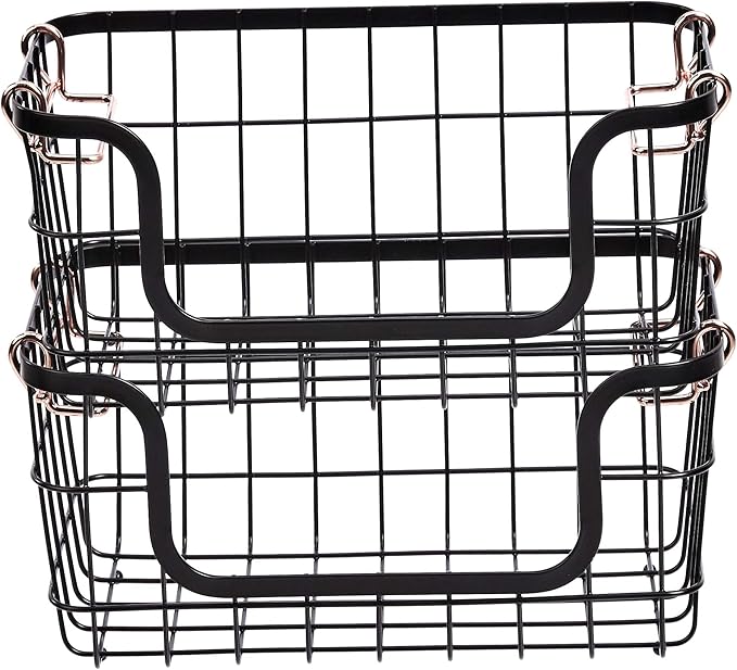Amazon Basics Stackable Metal Wire Rectangular Storage Basket Set for Kitchen or Bathroom, 2 Count, Black