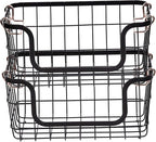 Amazon Basics Stackable Metal Wire Rectangular Storage Basket Set for Kitchen or Bathroom, 2 Count, Black