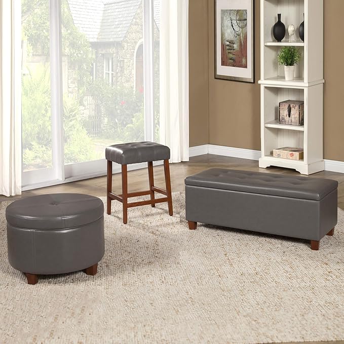 HomePop Round Leatherette Storage Ottoman with Lid, Charcoal Grey Large