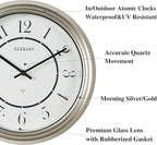 CLXEAST 14 Inch Self-Illuminated in/Outdoor Atomic Wall Clock for Home Office, Night Light Wall Clocks for Living Room Decor,Modern Farmhouse Morning Silver/Gold Finish
