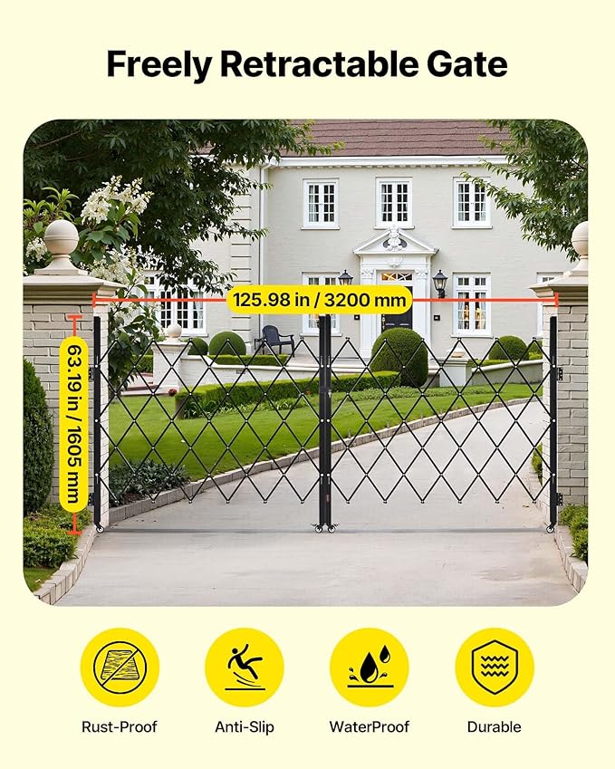 VEVOR Double Folding Security Gate, Lockable Scissor Gate with 360° Swivel Casters, Outdoor Barricade Steel Retractable Gates, for Entry Security, Garage, Warehouse & Pool, 125.98 x 63.19 in (W x H)