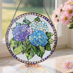 8-Inch Stained Glass Ornament, Stained Glass Window Hanging, Window Hanging Decor Suncatcher, Blue Hydrangea Ornament | Christmas, Mother's Day, Birthday | Gifts for Mom, Garden Gifts for Friends