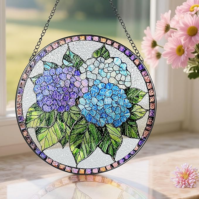 8-Inch Stained Glass Ornament, Stained Glass Window Hanging, Window Hanging Decor Suncatcher, Blue Hydrangea Ornament | Christmas, Mother's Day, Birthday | Gifts for Mom, Garden Gifts for Friends