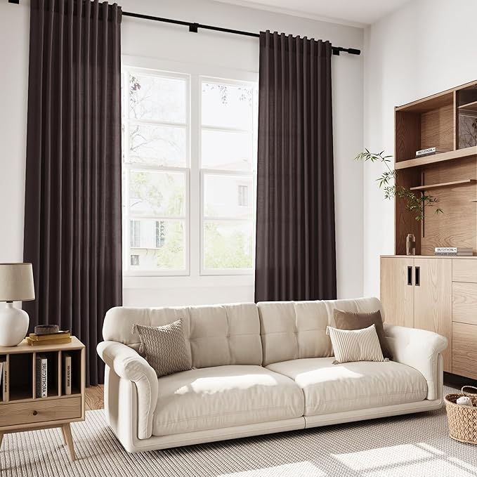 Nanspring Cocoa Coffee Linen Blend Light Filtering Back Tab Curtains 84 Inches Long, Semi Sheer Privacy Drapes for Living Room & Bedroom Simple Style, 52x84 inch, 2 Panels