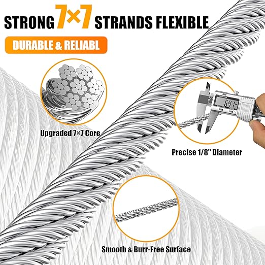 AHEONLAR 1000FT 1/8" T316 Stainless Steel Cable for Railing,7x7 Wire Rope with Cutter,1850 lb Breaking Strength,Deck Stair Fence Hardware Kit for Indoor Outdoor Use,Silver