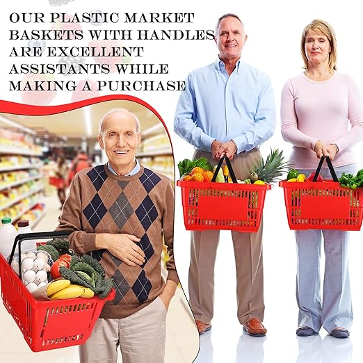 20 Pcs Bulk Shopping Baskets with Handles, 20 L Plastic Grocery Basket 16.9'' x 11.8'' x 9.1'' Portable Shopping Cart for Retail Stores Supermarket(Red)