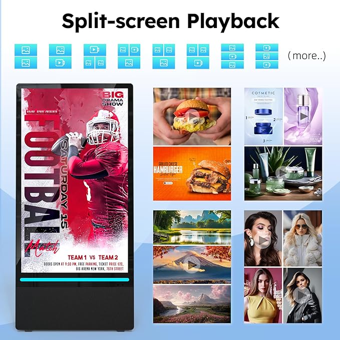 43 inch Rechargeable Portable Outdoor Digital Signage Displays, 2K FHD, IP65 Waterproof, Smart LCD Split Screen, Brightness Auto-Adjustment Movable Advertising Kiosk with Android OS