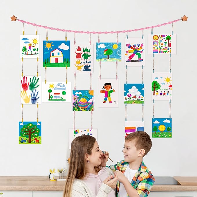 KOLLIEE Kids Artwork Display Art Wall Decor 4.93ft Boho Wooden Beaded Garland Collage Holder with Hanging Rings Wooden Stars Hook 40 Wood Clips for Kids Artwork Photo Room Bedroom Decor Pink