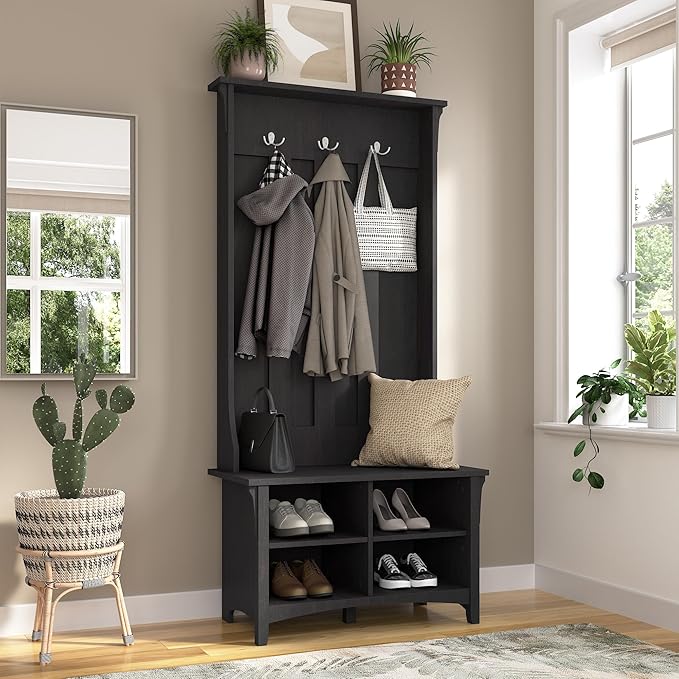 Bush Furniture Salinas Hall Tree with Shoe Storage Bench in Vintage Black, Multi-Purpose Home Organizer, Entryway Solution with Seating and Hooks