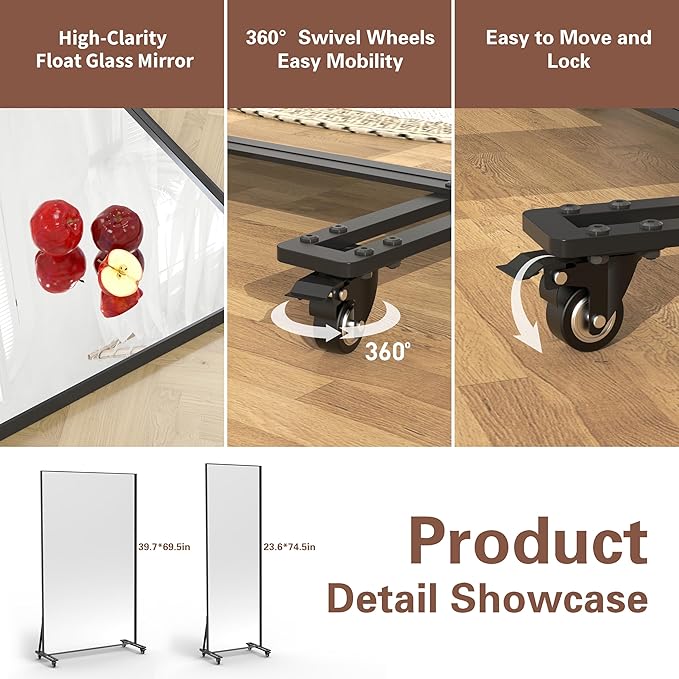 ANYHI Full Length Mirror with Wheels, 360° Swivel Full Body Rolling Mirror, 39.7"*69.5" Sturdy Standing Floor Mirror for Home Gym, Bedroom, Yoga & Dance Studio