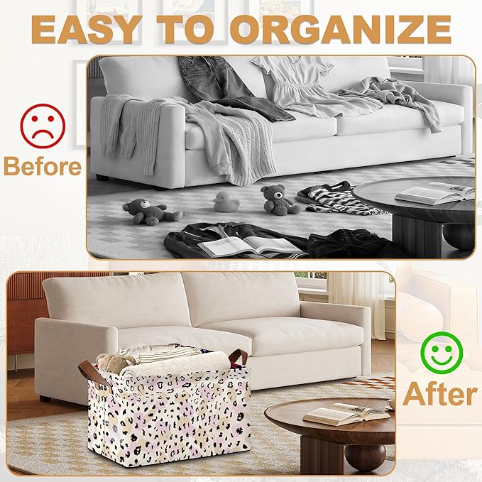 32L Large Storage Bins with Handles, Basket Organizer for Shelves, Closet, Books, Laundry & Home Decor (Pink Leopard Print)