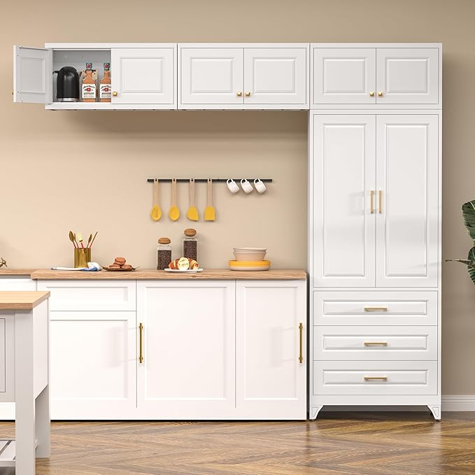 Kitchen Pantry Cabinet, Tall Storage Cabinets with Three Drawers, 90" H Metal Cabinet with Shelves, Freestanding Cupboard for Dining, Living Room, White, 16" D x 32" W x 90" H,Assembly Required