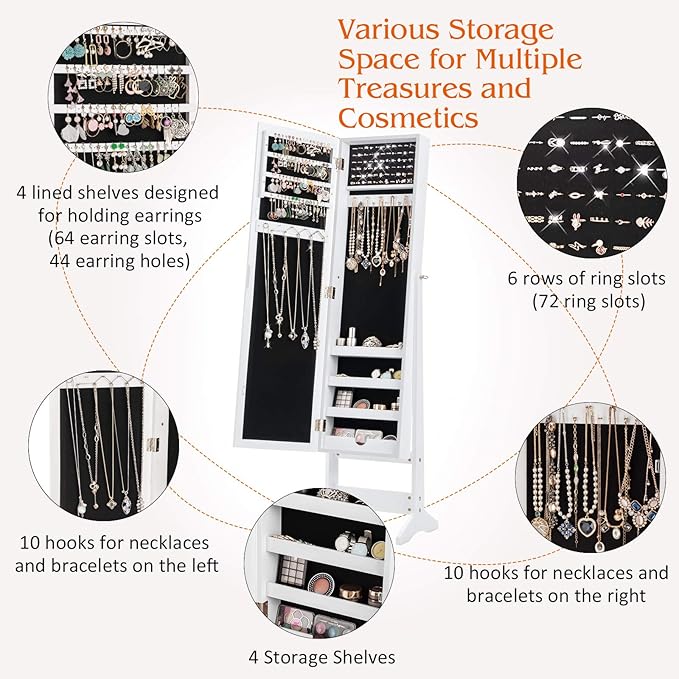 Giantex Jewelry Cabinet with Full-Length Mirror, Standing Jewelry Armoire Organizer with 64 Earring Slots, 72 Ring Slots, 20 Necklace Hooks, 4 Storage Shelves, 3 Angle Adjustable (White)