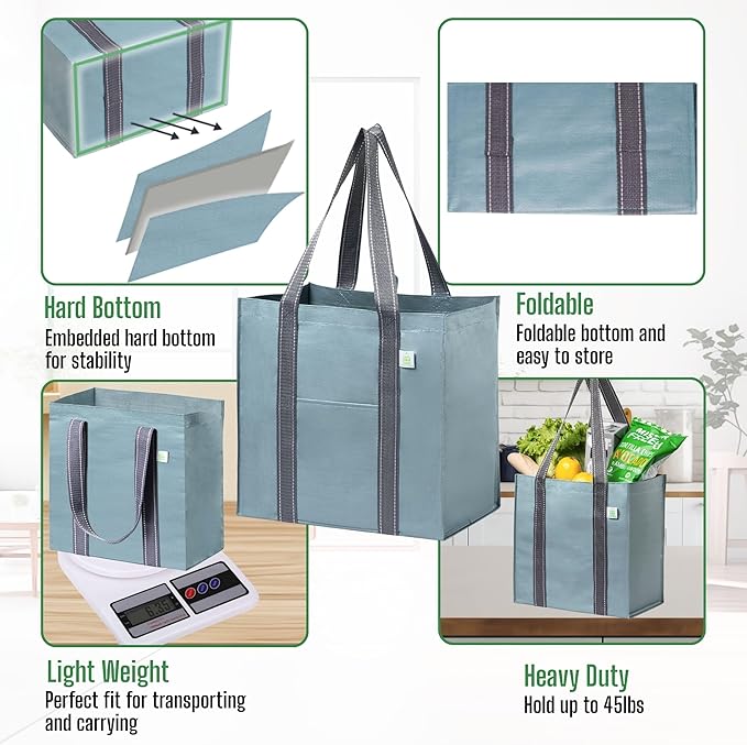 VENO 2-4 Pack Reusable Grocery shopping Bags, Small Tote Bag w/Handle Hard Bottom, Heavy Duty, Foldable Carrier