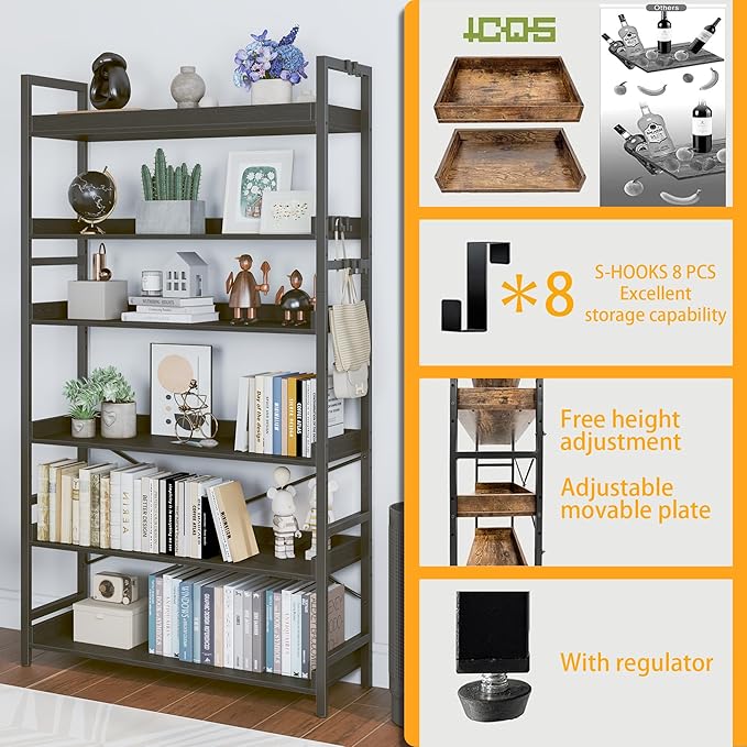 HCHQHS Bookshelf, Adjustable Industrial Bookcase, Vertical Tall Book Shelf, Wood and Black Metal Open Bookshelves for Home Office, Living Room, Bedroom (Black, 6-Tier (31" W x 70" H))