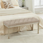 LOULENS 43.9" Linen Fabric End of Bed Bench, Vintage French Upholstered Button Tufted Entry Bench, Window Seat with Carved Wood Legs for Bedroom, Living Room, Entryway, Foyer, Hallway, Light Brown