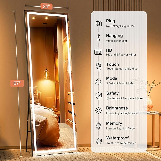 Full Length Mirror with Lights, 67" x 24" LED Lighted Floor Standing Body Mirror, Dimmable & 3 Color Lighting for Bedroom, Cloakroom, Dressing Room, Tempered Glass, Square Black