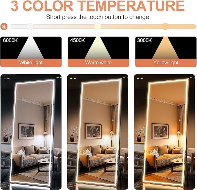 Full Length Mirror with Lights, 71" x 32" LED Lighted Floor Standing Body Mirror, Dimmable & 3 Color Lighting for Bedroom, Cloakroom, Dressing Room, Tempered Glass, Square Black