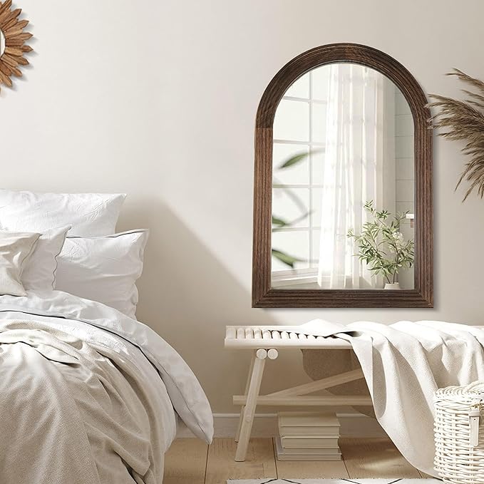LOSOUR Arched Mirror, Farmhouse Decor Solid Wood Frame Wall Mirror, Bathroom Mirrors, Large Vintage Mirror for Bathroom, Living Room,Bedroom, Entryway, Hallway,Foyer (Coffee, 36" L x 24" W)