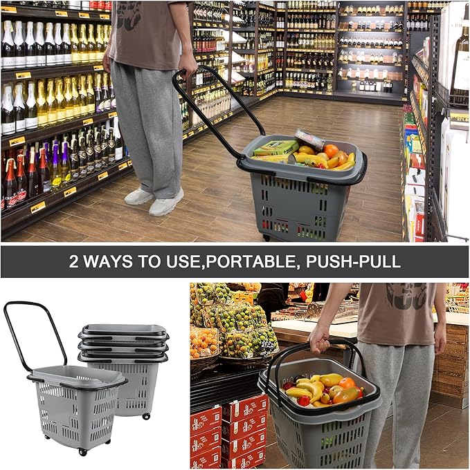 50 L Plastic Rolling Shopping Basket with Long Handle, Large Portable Retail Baskets Set for Groceries, 4 Packs