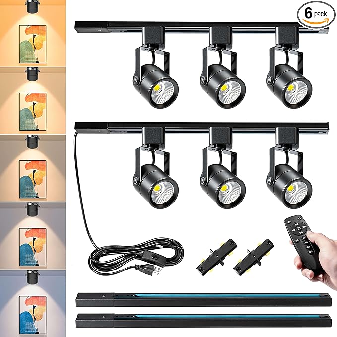 Plug in Track Lighting with Power Cord & Remote, 6-Light LED Track Lighting Kit with 6.6FT H Track Lighting Rails, Modern Kitchen Plug in Ceiling Lights Fixtures, 10W Black