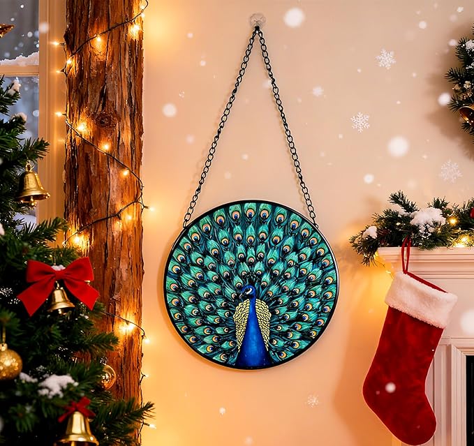 Full-Show Peacock Stained Glass Sun Catcher, 6 Inch Round Hand-Painted Window Hanging with Chain, Vibrant Glass Art for Home Garden Decor, Unique Gift for Nature & Bird Lovers
